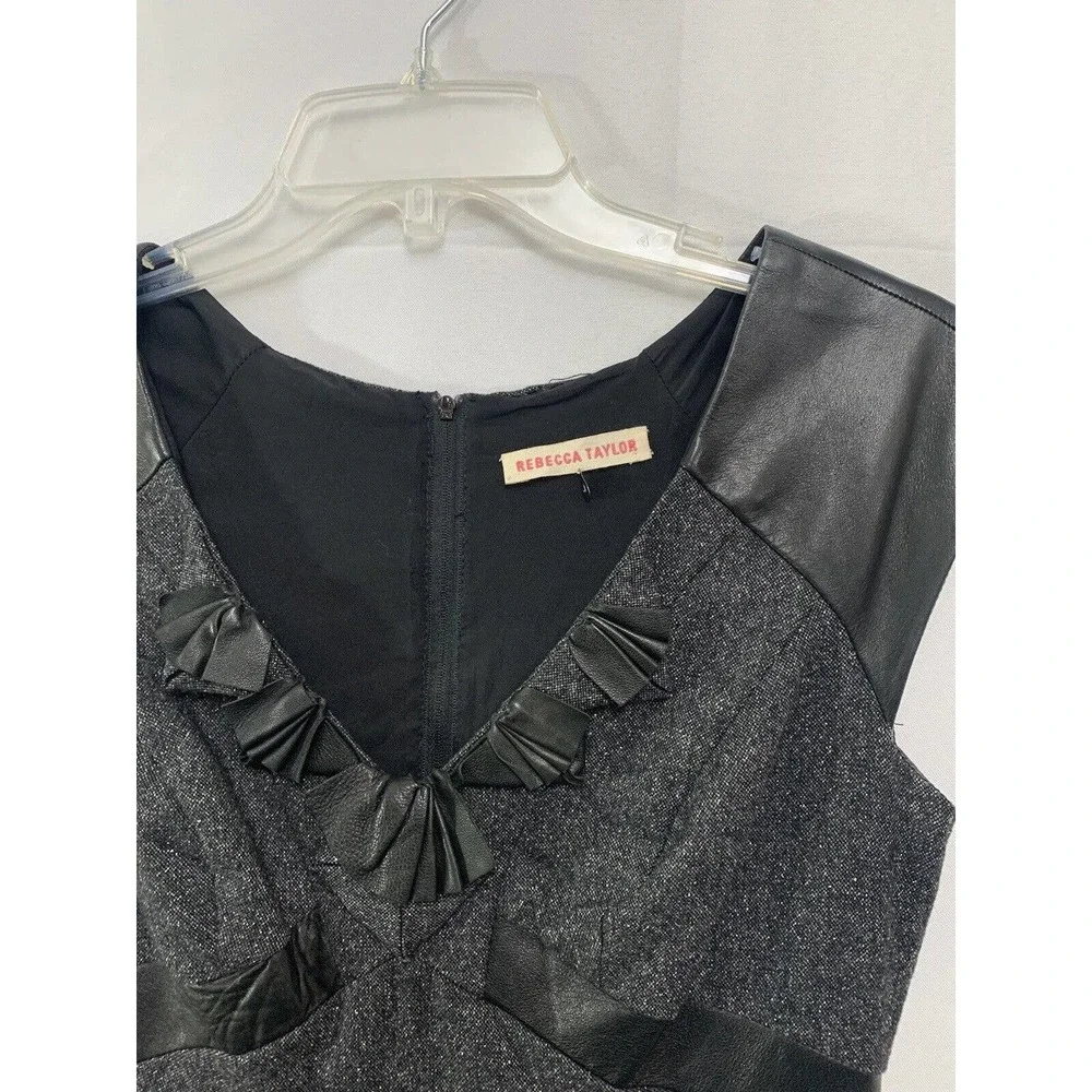 Rebecca Taylor Women’s Herringbone Gray Wool Silk Lambs Leather Trim Size 6 - Picture 8 of 14